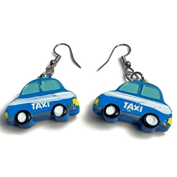 Whimsical Blue Taxi Car Earrings – Fun & Playful Statement Jewelry - Picture 3 of 17